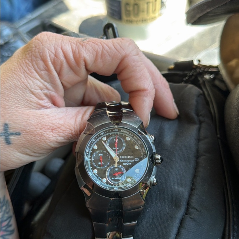 Seiko Black and Silver Stainless Chronograph Watch